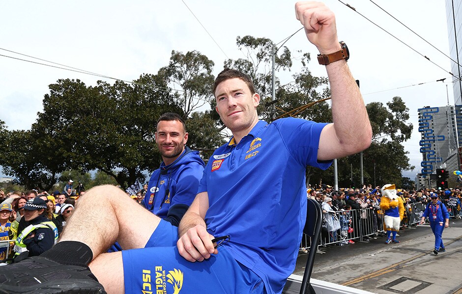 MELBOURNE, AUSTRALIA - SEPTEMBER 28: Jeremy McGovern of the Eagles smiles during the 2018 AFL Grand Final Parade on September 28, 2018 in Melbourne, Australia.  (Photo by Michael Dodge/Getty Images/AFL Media)